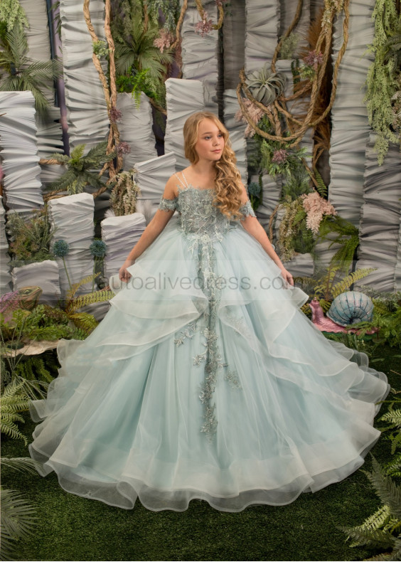 Beaded Dusty Mint Lace Tulle Ruffle Flower Girl Dress